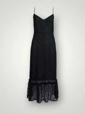 Vila Black Lace Spaghetti Strap Slip Midi Dress with Ruffled Hem